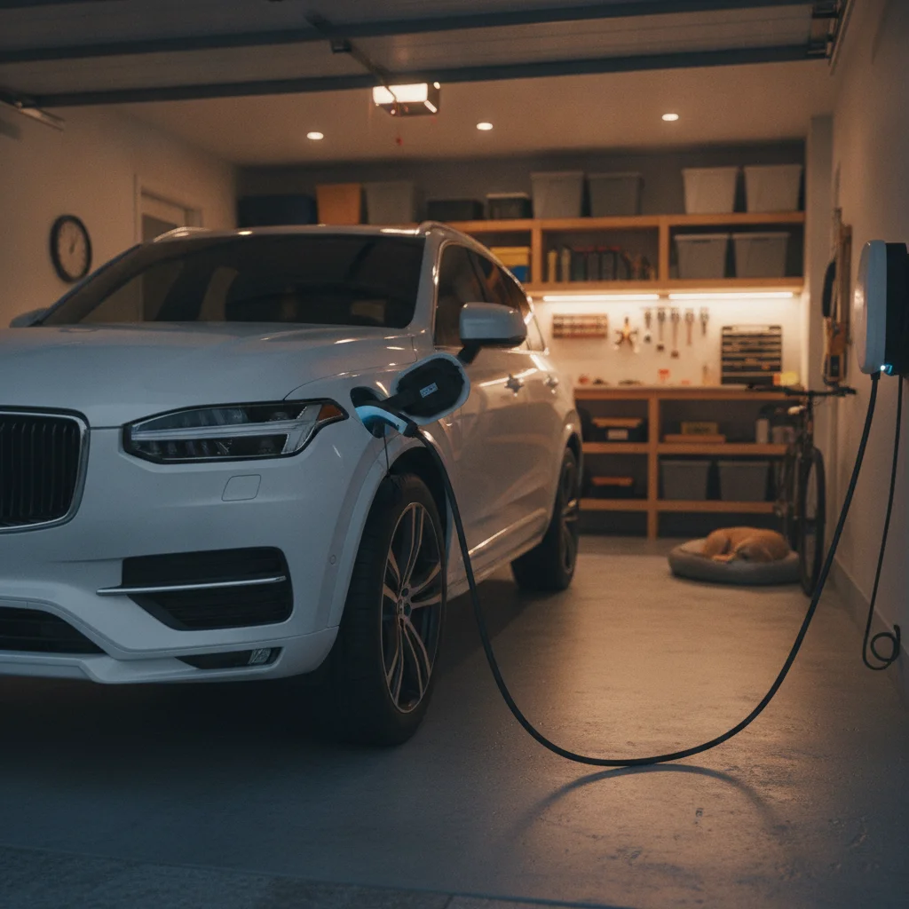 A white plug-in hybrid SUV charging from a Level 2 home charger in a residential garage.