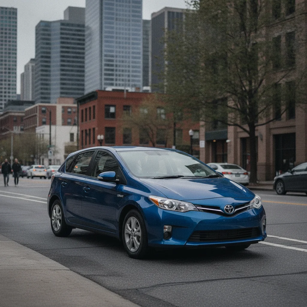 A dark blue standard hybrid hatchback parked on an urban street with no charging port visible.