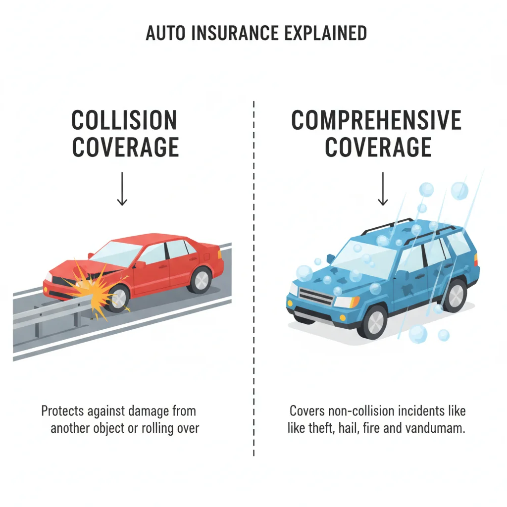 Infographic contrasting collision coverage for impact damage versus comprehensive coverage for non-collision events