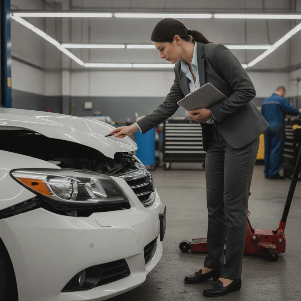 Insurance adjuster inspecting front-end collision damage on a sedan at an auto repair shop