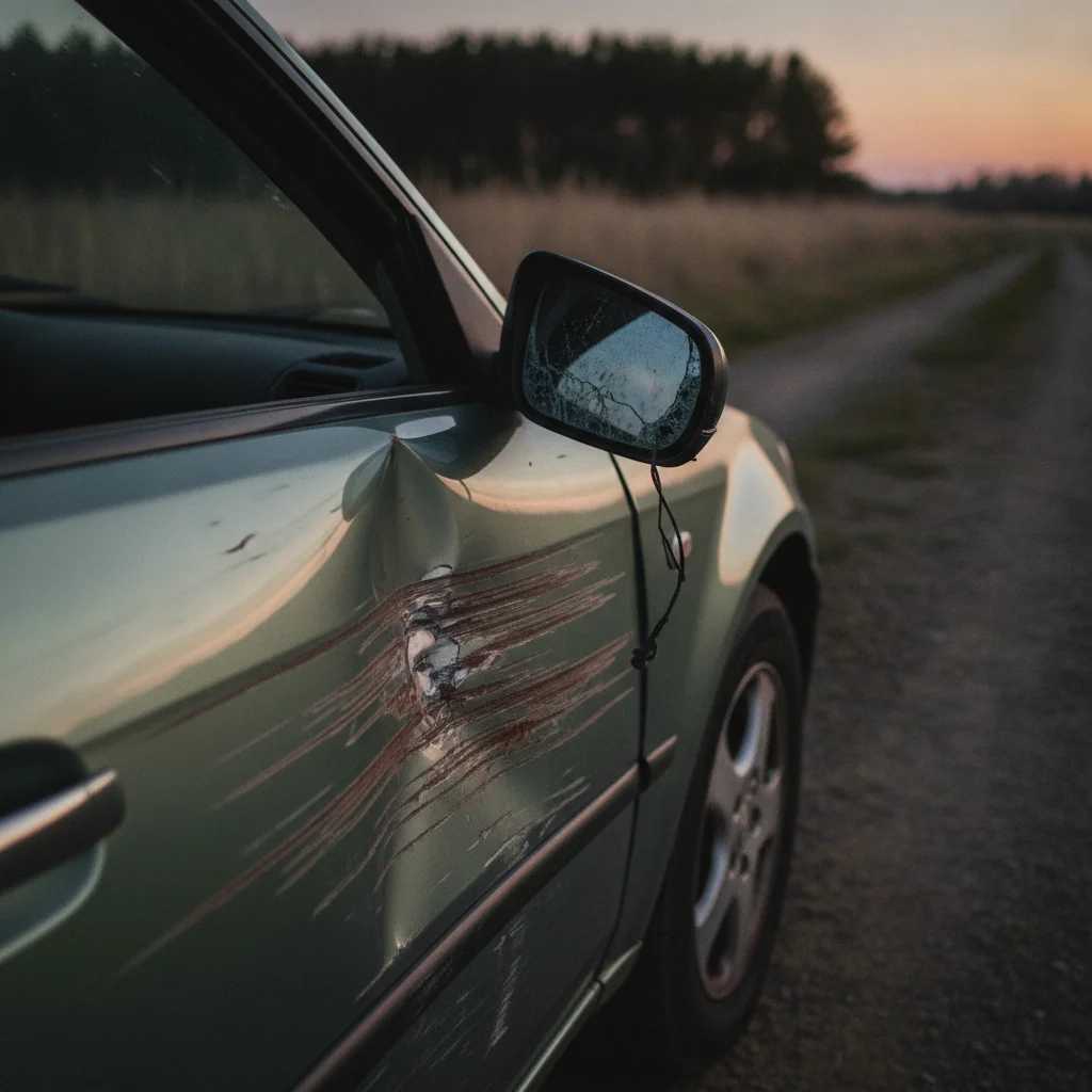 Close-up of car door with deer impact dents and paint damage on a rural roadside at dusk