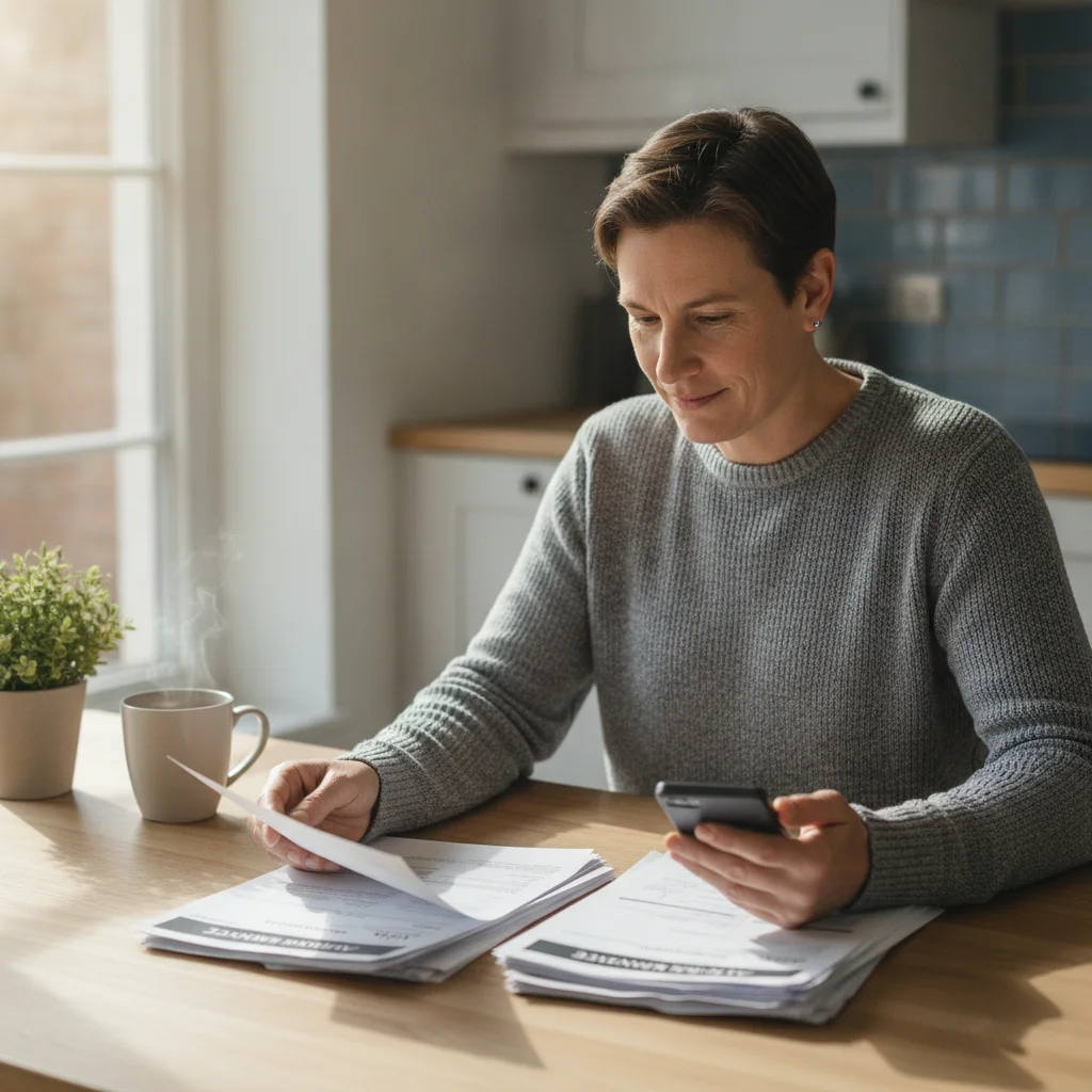 Person reviewing auto insurance documents and calculating deductible costs at a home kitchen table