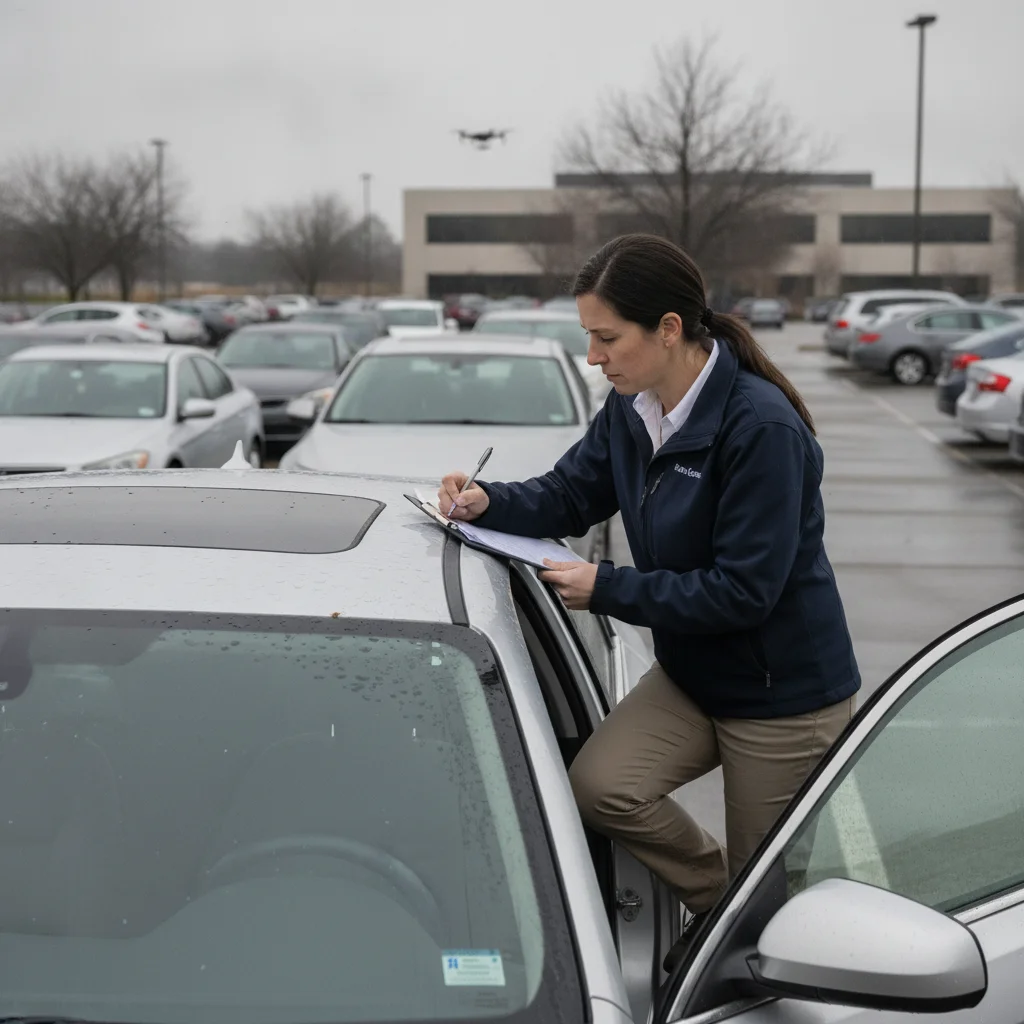 Insurance adjuster inspecting hail damage on a vehicle roof while taking notes on a clipboard in a parking lot