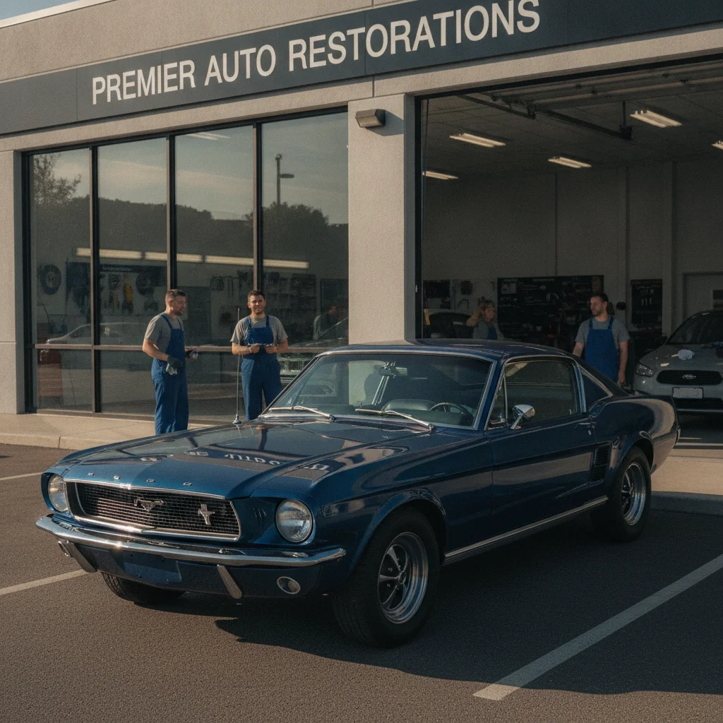 Repaired car parked outside an auto body shop in sunlight with technicians visible through the garage window