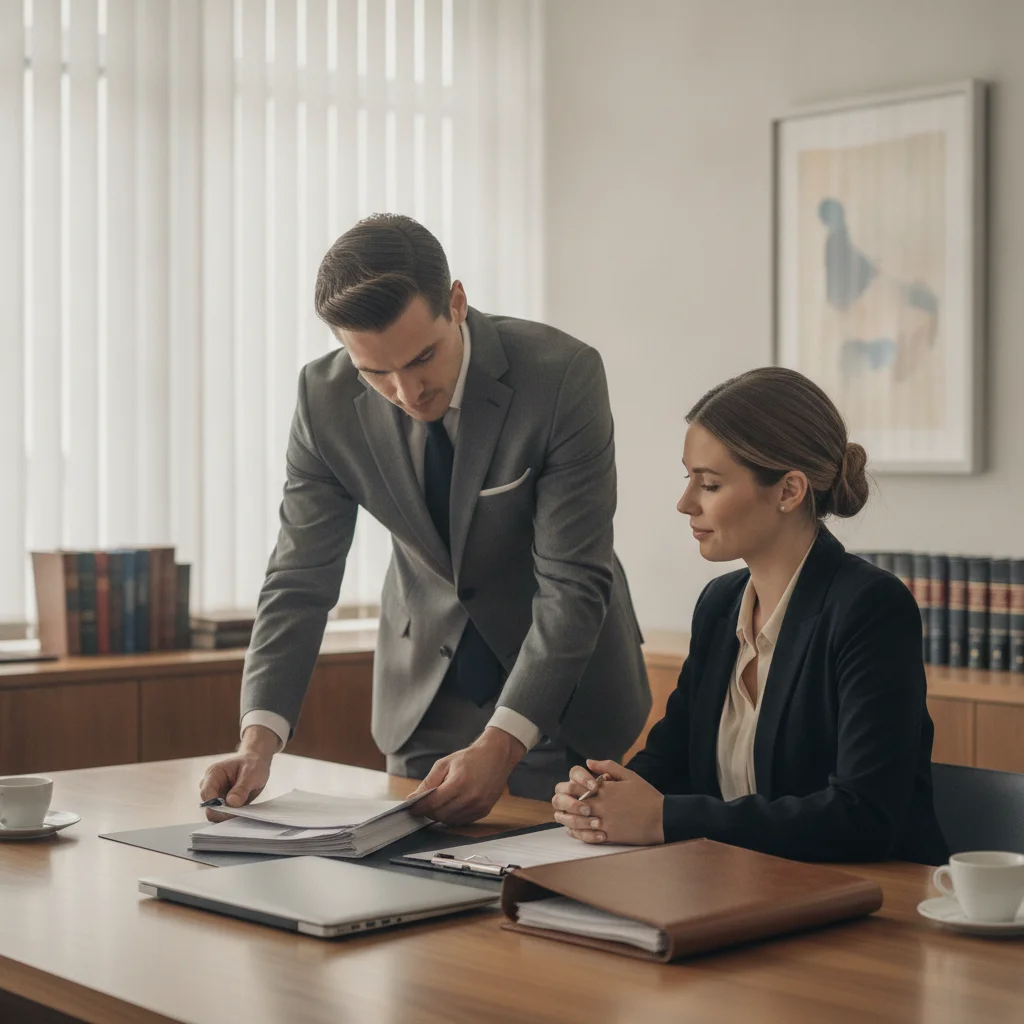 Two adults discussing documents at a desk in a professional insurance office setting.
