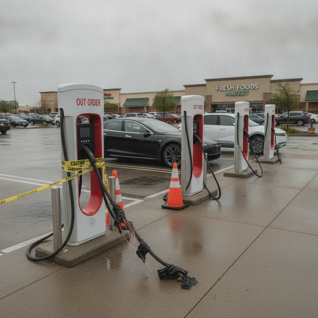 A public DC fast charging station with damaged cable and caution tape in a commercial parking lot
