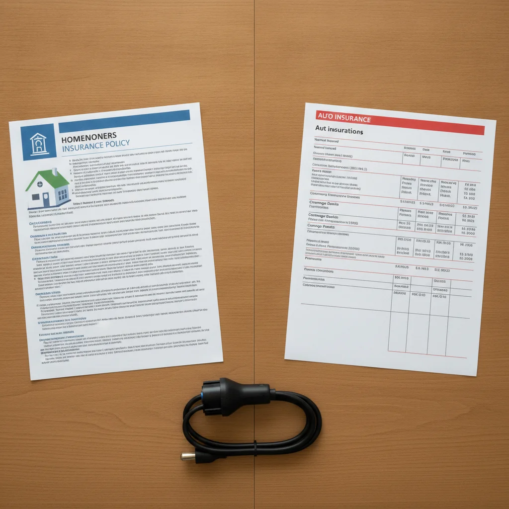 Homeowners and auto insurance policy documents side by side on a desk next to an EV charging plug