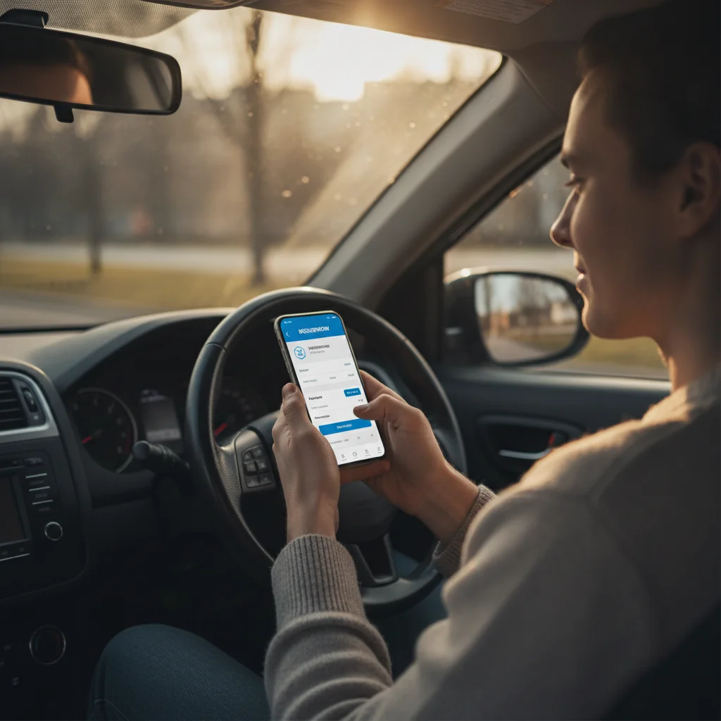 Driver calmly reviewing insurance options on a smartphone while seated in a parked vehicle