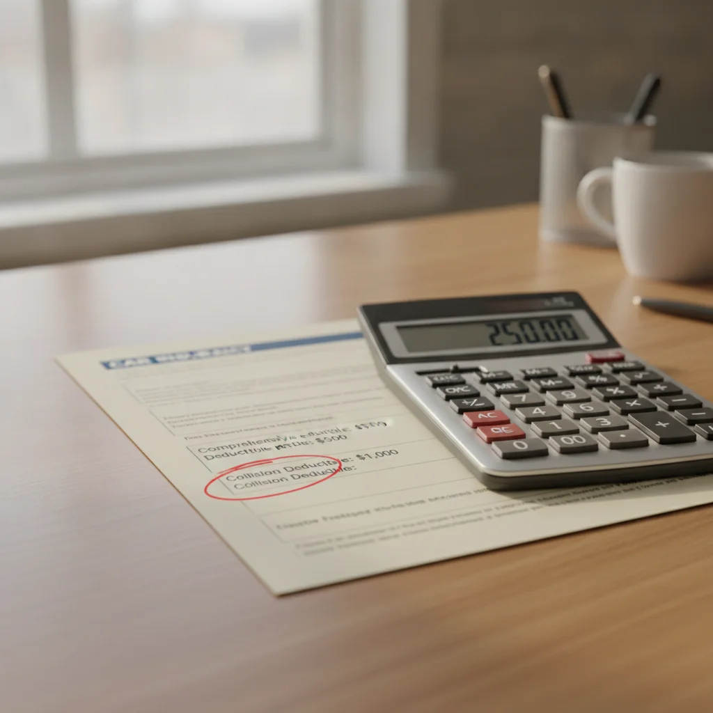 Calculator and insurance policy document showing deductible figures on a wooden desk