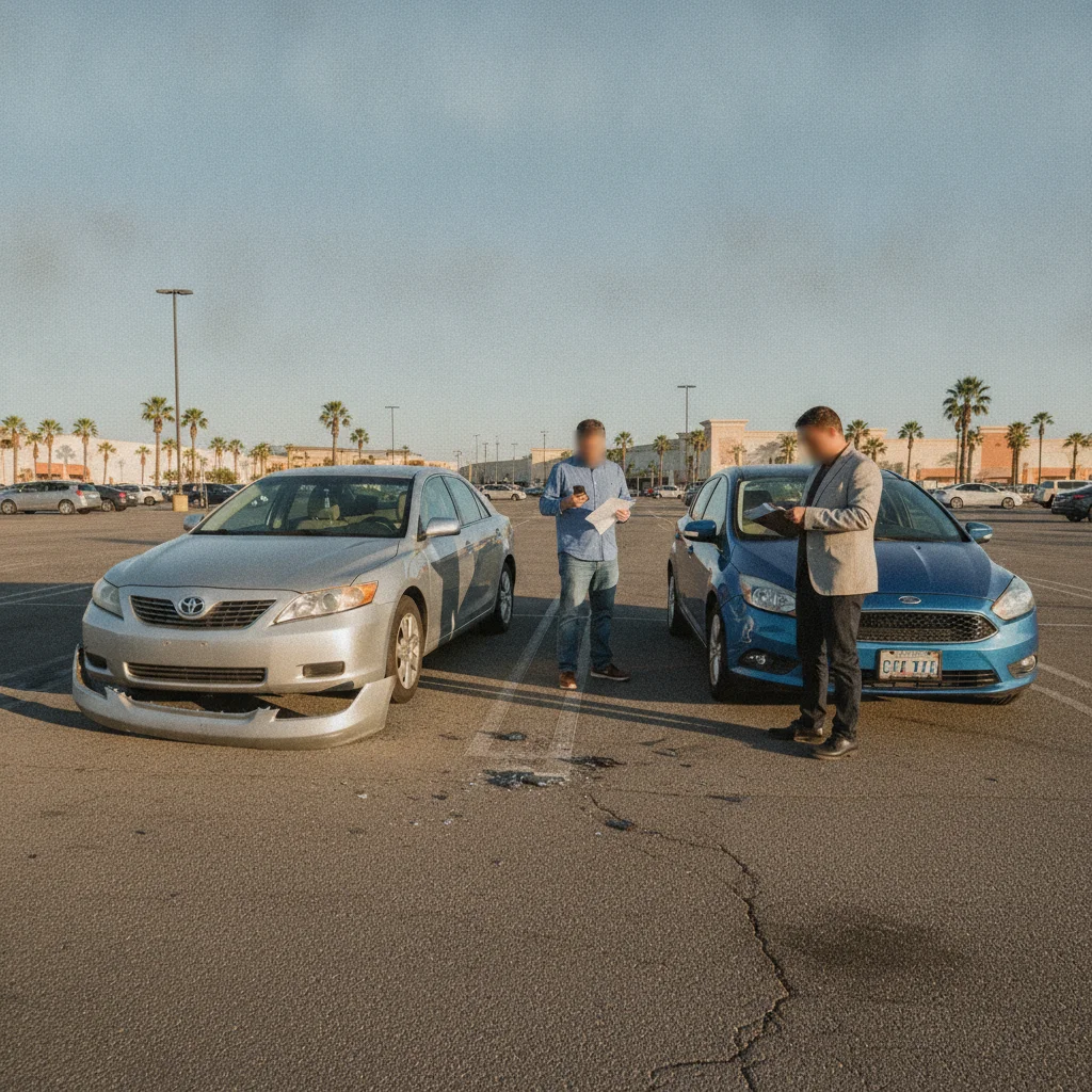Two cars after a minor fender bender with drivers exchanging insurance information in a parking lot