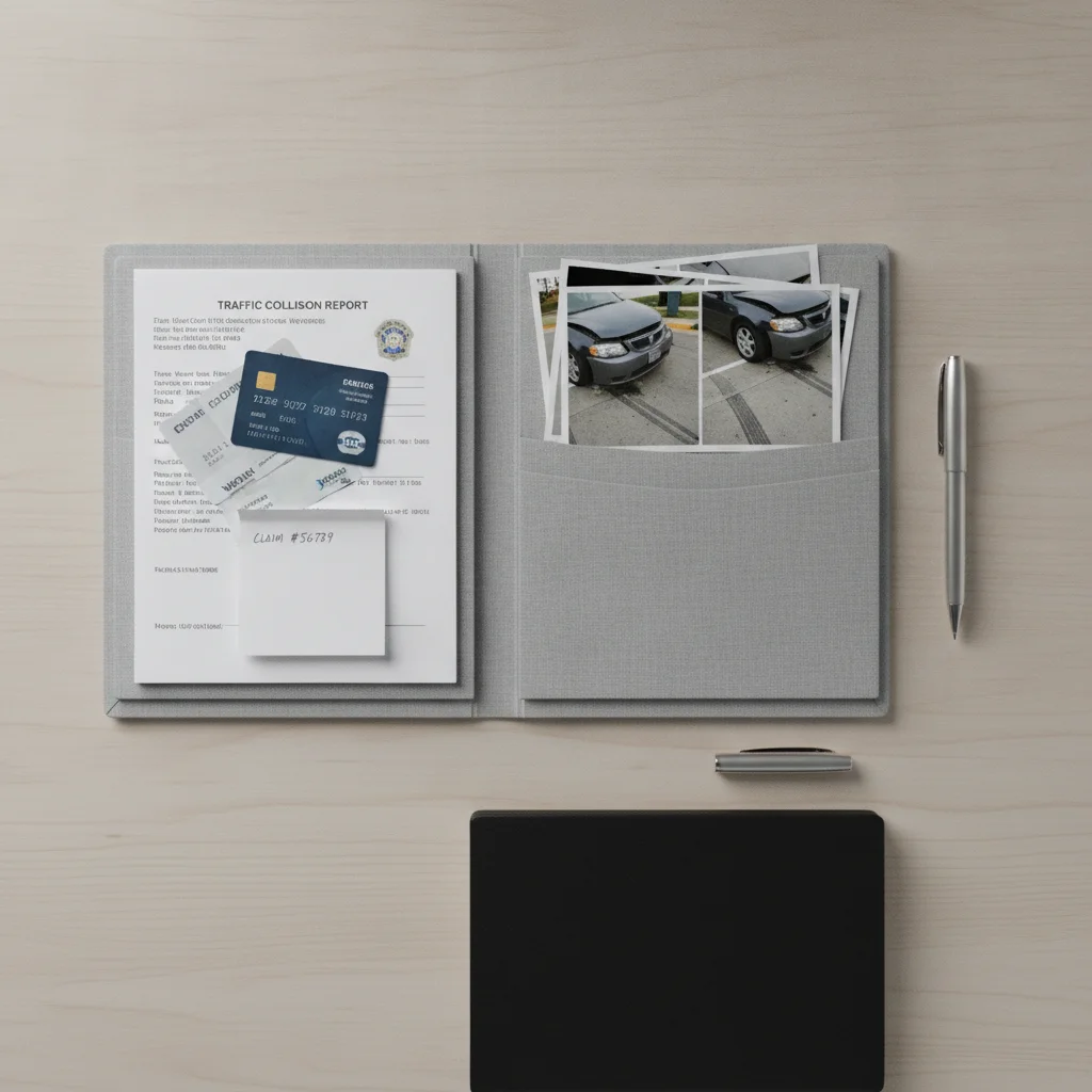 Organized folder with accident documentation including photos, police report, and insurance cards