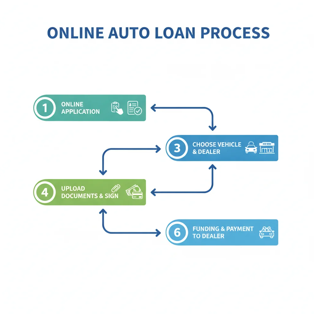 Flowchart diagram of the online auto loan application and funding process from start to finish