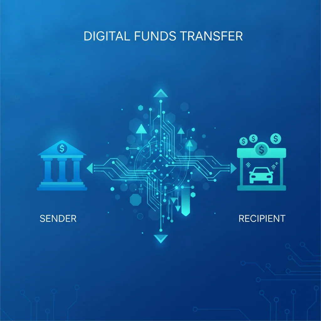 Illustration showing how loan funds transfer digitally from lender to car seller in a remote purchase