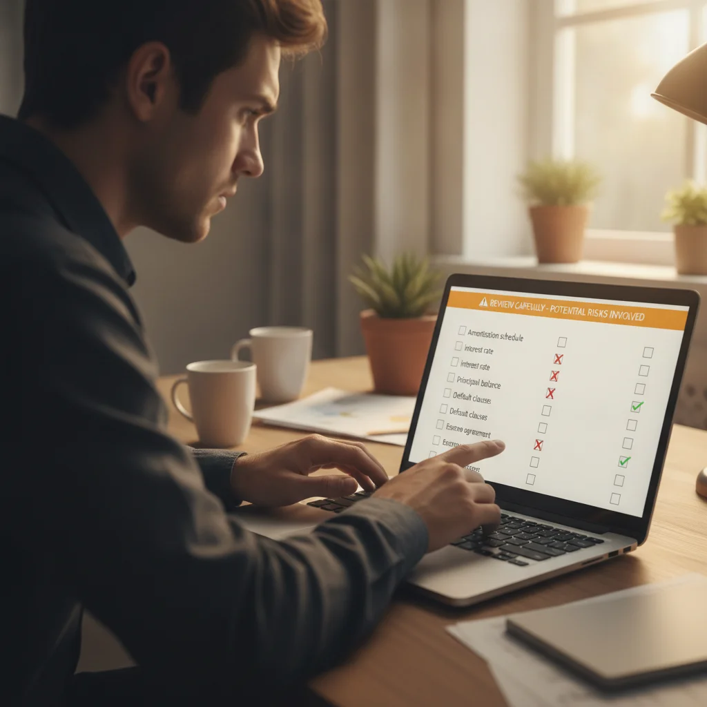 Person carefully reviewing online auto loan documents and add-on terms before signing digitally