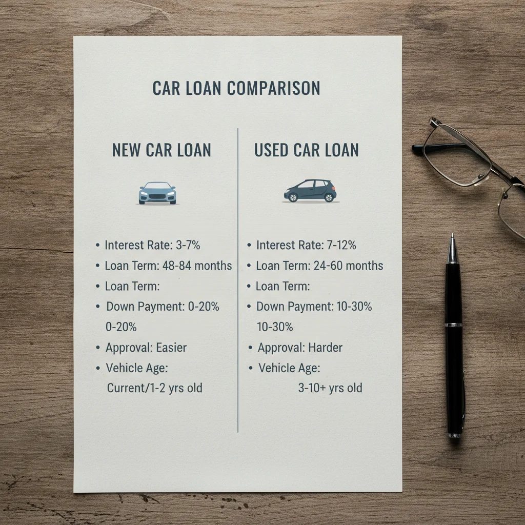 Side-by-side comparison chart of new car loan versus used car loan terms on a desk