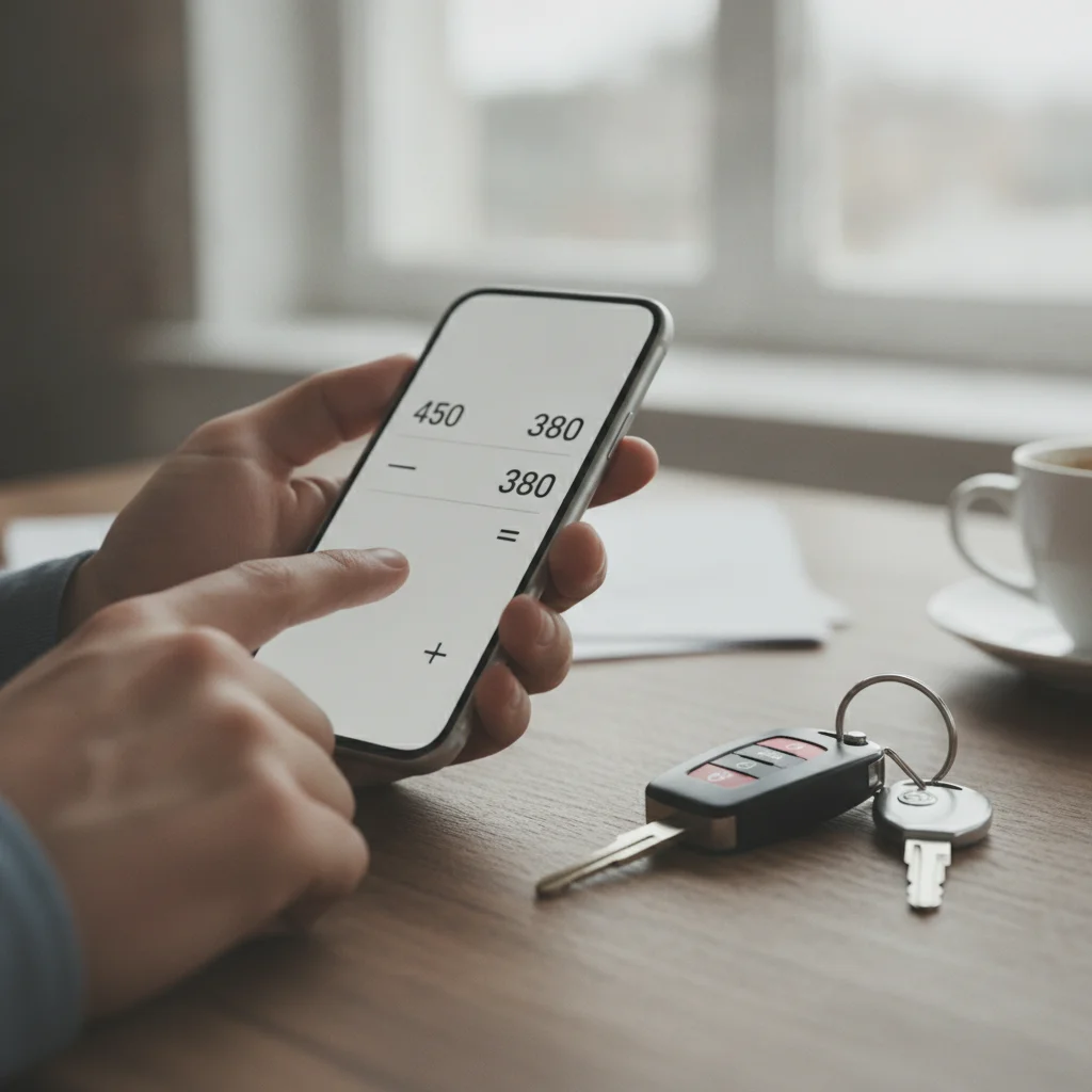 Hand using smartphone calculator to compare used car loan monthly payment scenarios