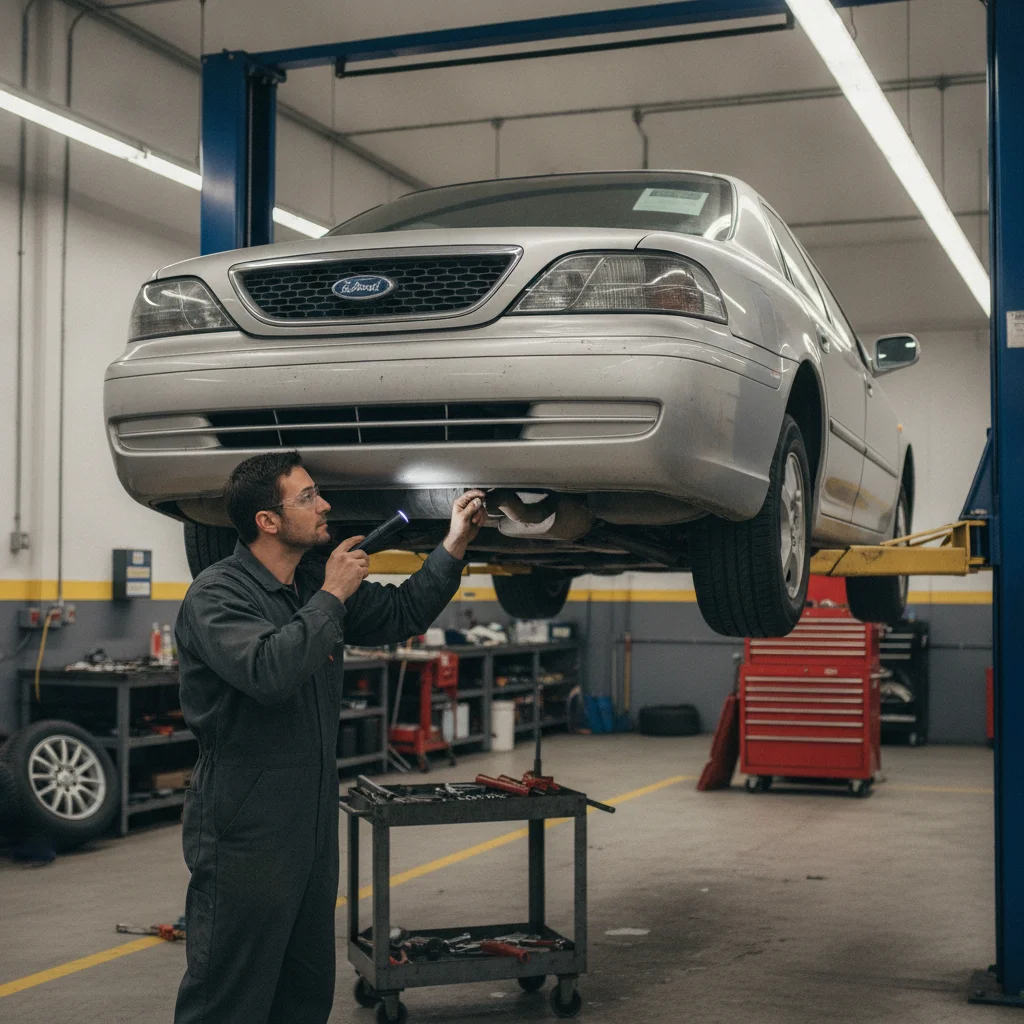 Mechanic performing a pre-purchase inspection on a used car raised on a lift in a garage