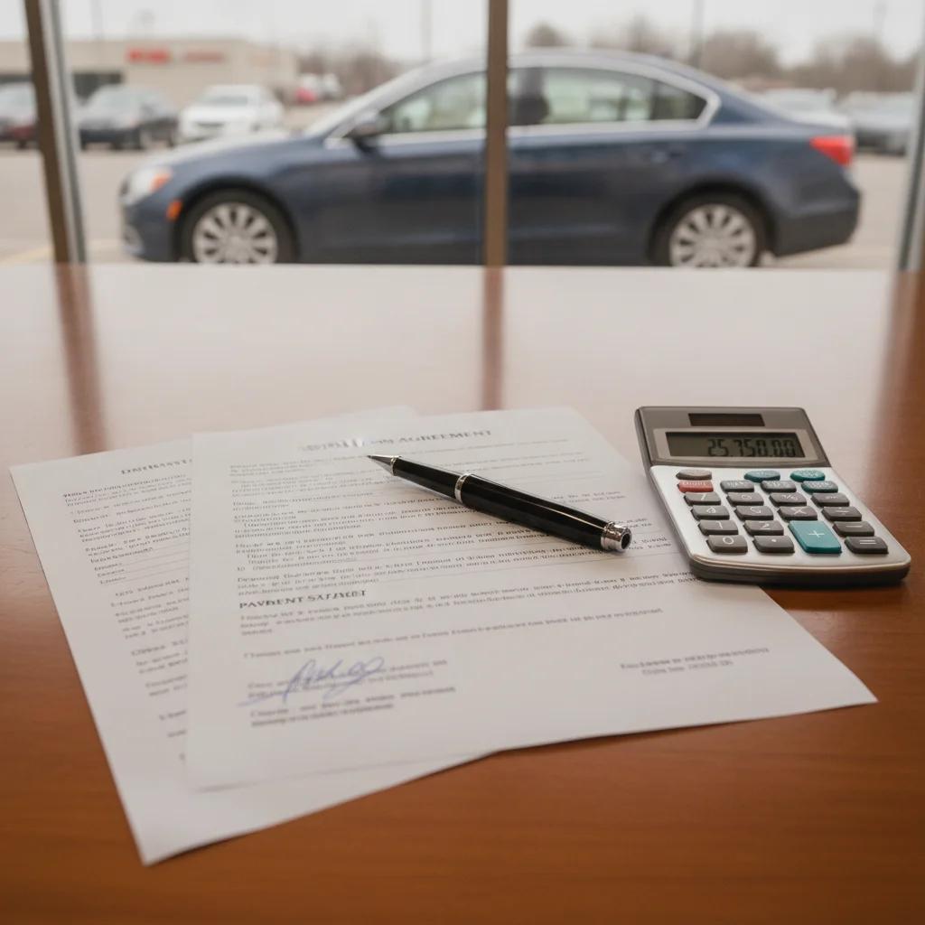Auto loan paperwork and calculator on a desk with a used car visible through a window in the background