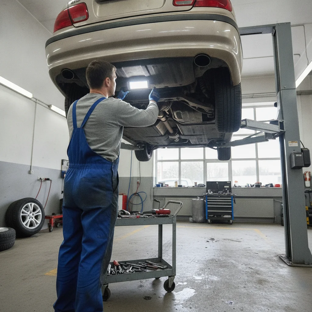 Mechanic inspecting the underside of a used car on a lift in a garage during a pre-purchase inspection