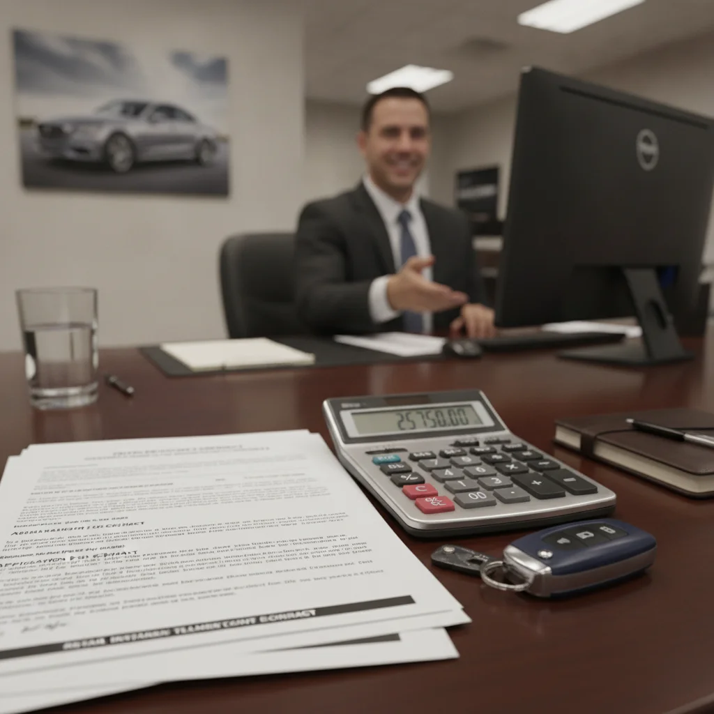 Dealership finance office desk with auto loan paperwork, calculator, and car keys laid out