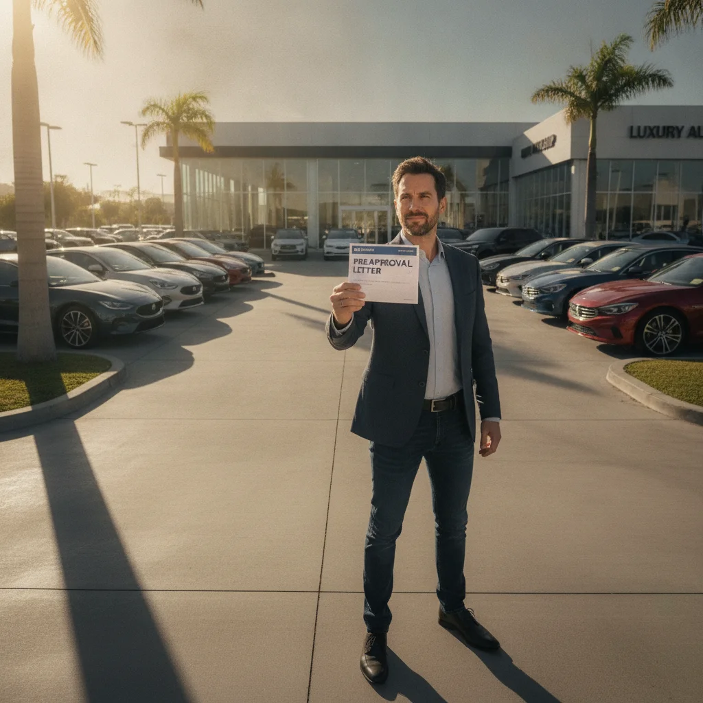 Person holding a bank preapproval letter outside a car dealership ready to negotiate