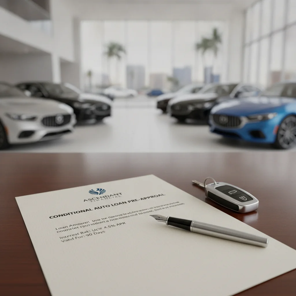 A loan preapproval letter placed next to car keys on a dealership desk