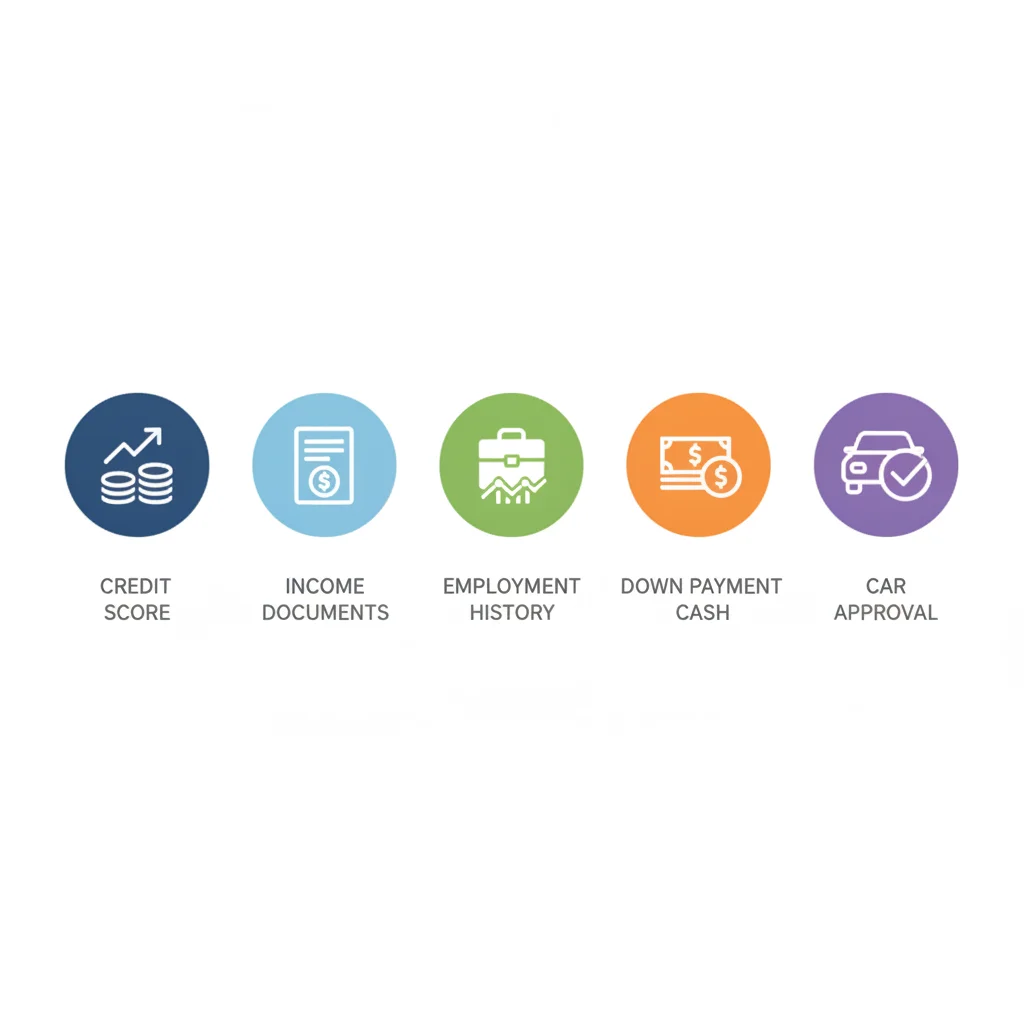 Five key factors lenders evaluate for auto loan preapproval: credit score, income, employment, down payment, and vehicle value