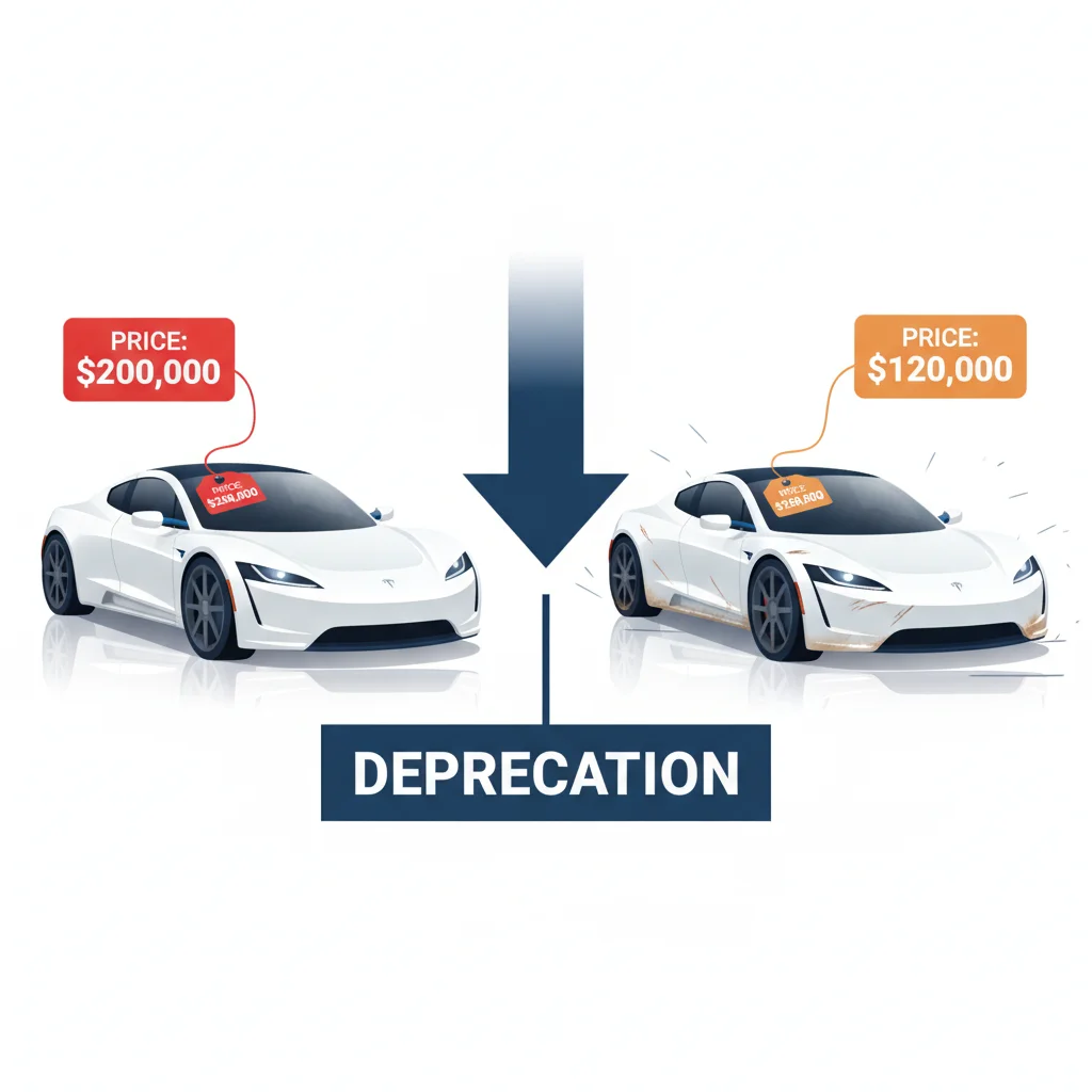 Split image contrasting a new car's sticker price with its reduced used-car value after one year