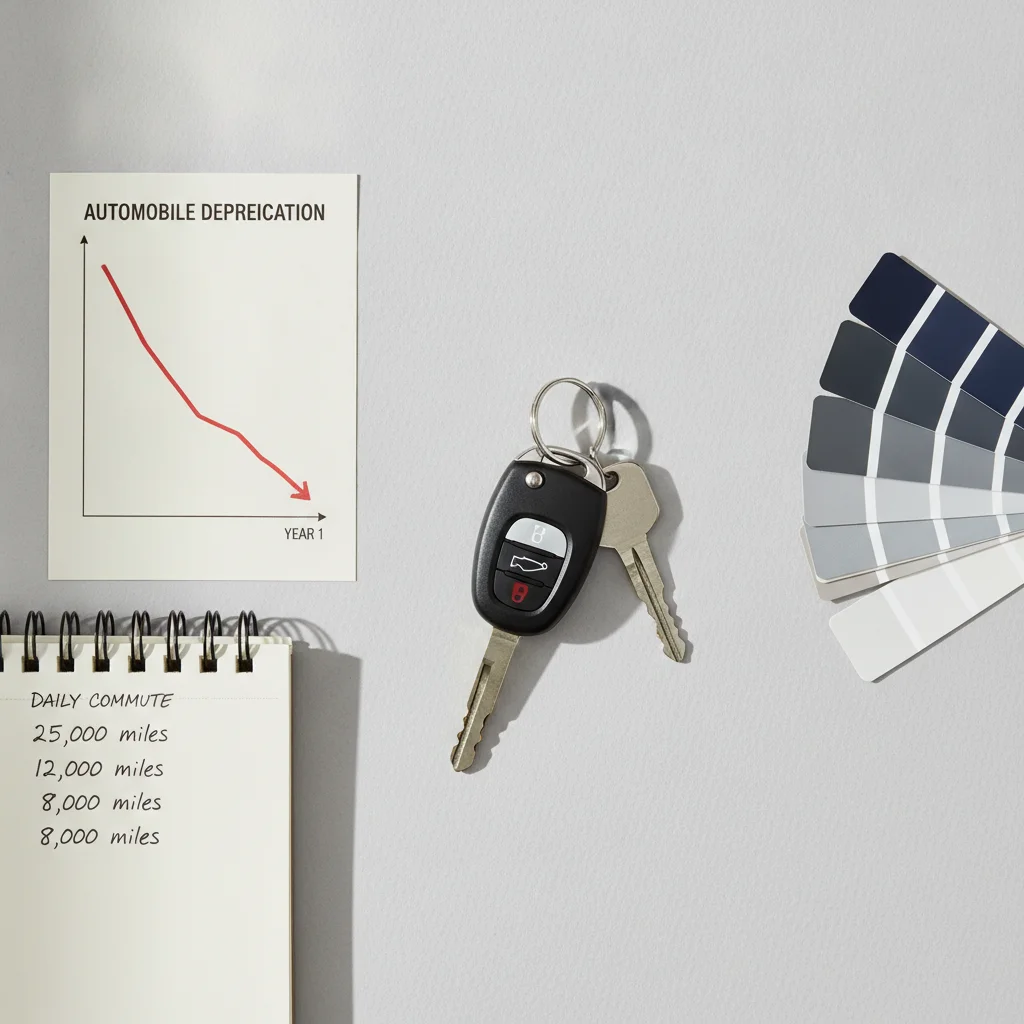 Overhead flat-lay of car keys, a depreciation curve chart, mileage notes, and color swatches illustrating depreciation factors