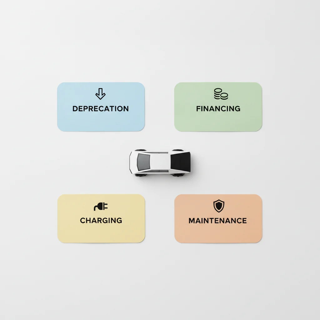 Five cost category cards for EV ownership arranged around a small electric vehicle model on white surface
