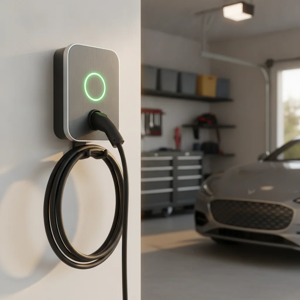 Level 2 home EV charger mounted on garage wall with green charging indicator light active