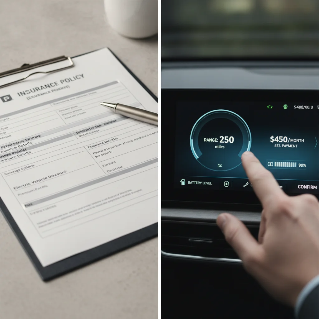 Insurance document form beside electric vehicle dashboard illustrating EV insurance cost considerations