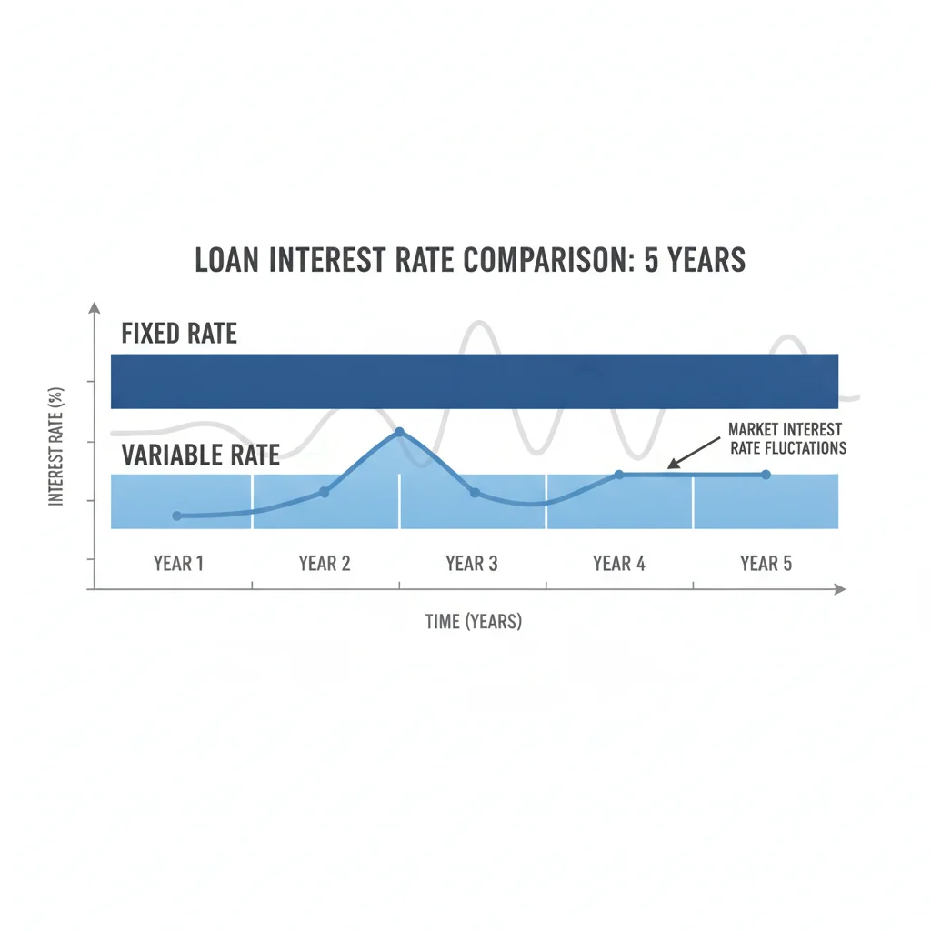 Diagram comparing flat fixed-rate loan timeline against a fluctuating variable-rate loan timeline over five years
