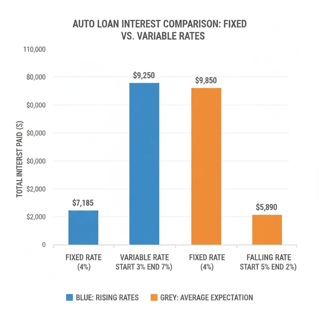 Bar chart showing total interest paid comparison between fixed and variable rate auto loans in different rate scenarios