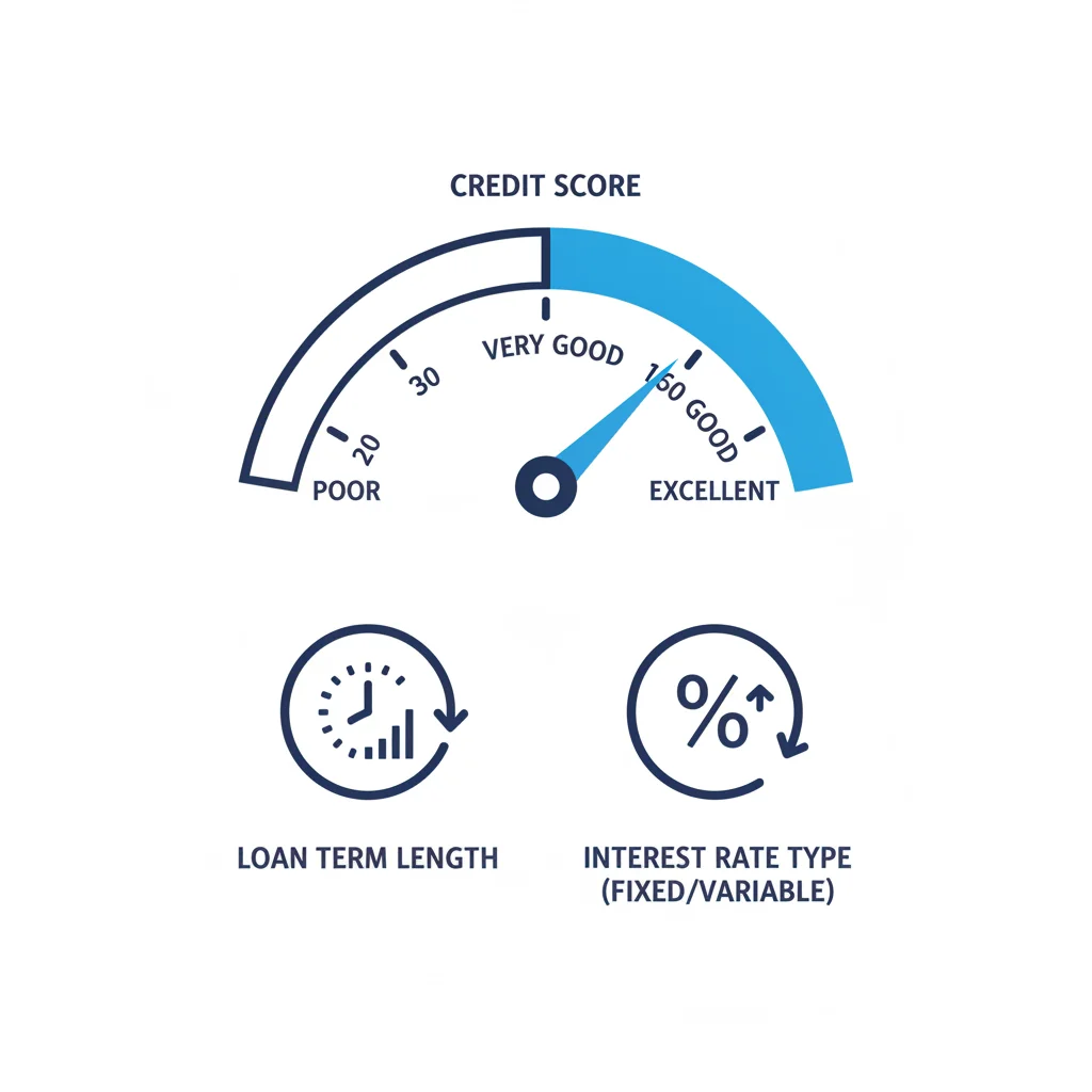 Credit score gauge shown as the primary factor above loan term and rate type in auto loan cost comparison