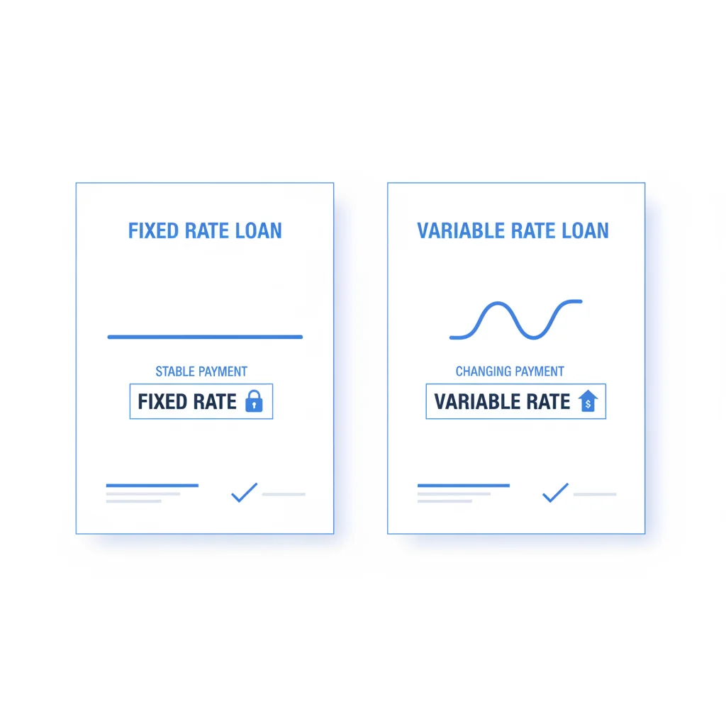 Two loan contract illustrations comparing a flat fixed rate line to a fluctuating variable rate line