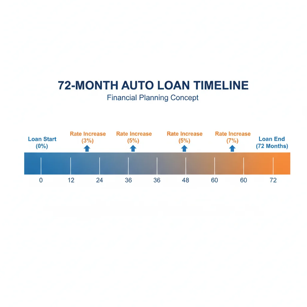 Timeline diagram of a 72-month loan showing multiple rate adjustment points and rising interest exposure