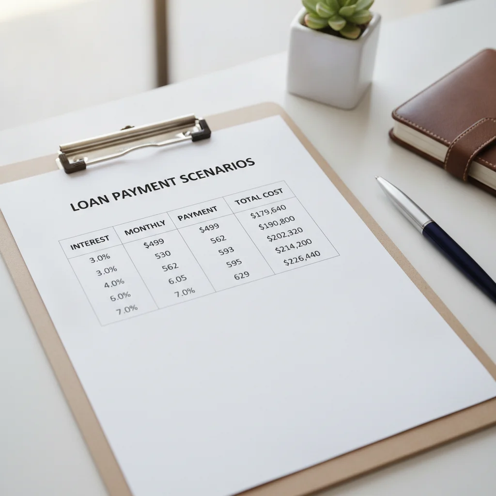 Loan payment comparison chart on clipboard showing three interest rate scenarios side by side
