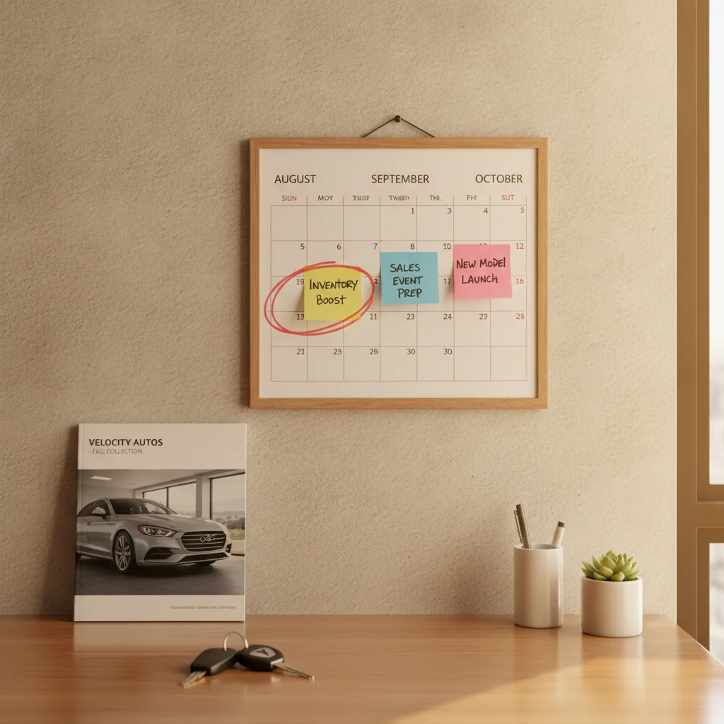 A wall calendar with late summer months circled in red, next to car keys and a dealer brochure.