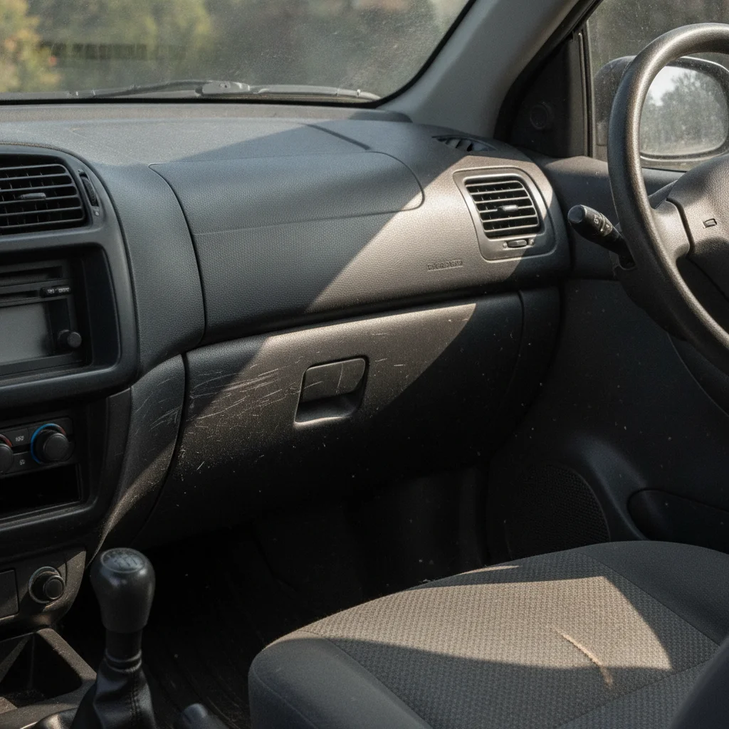 Worn interior of a former rental car showing scuffed door panels and faded driver's seat fabric.