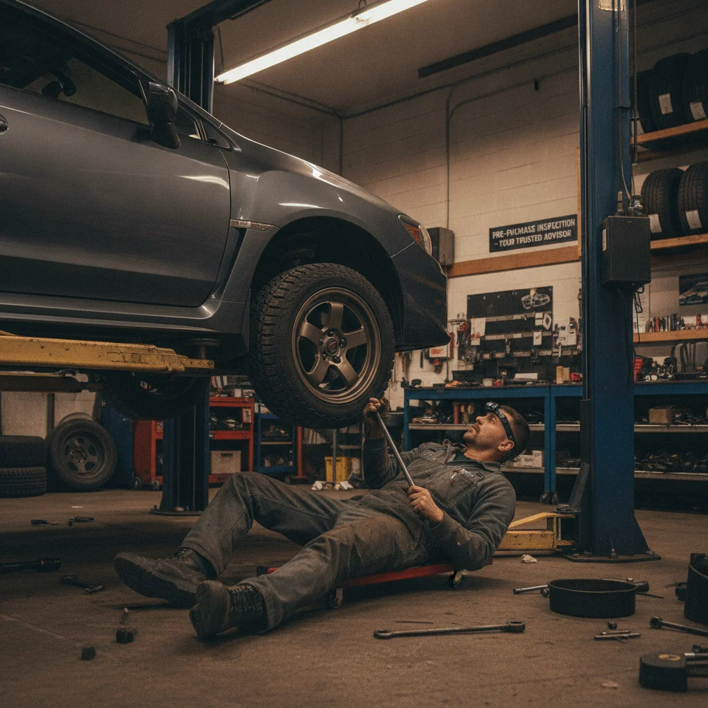 A mechanic performing a pre-purchase inspection on a raised sedan in an automotive repair shop.