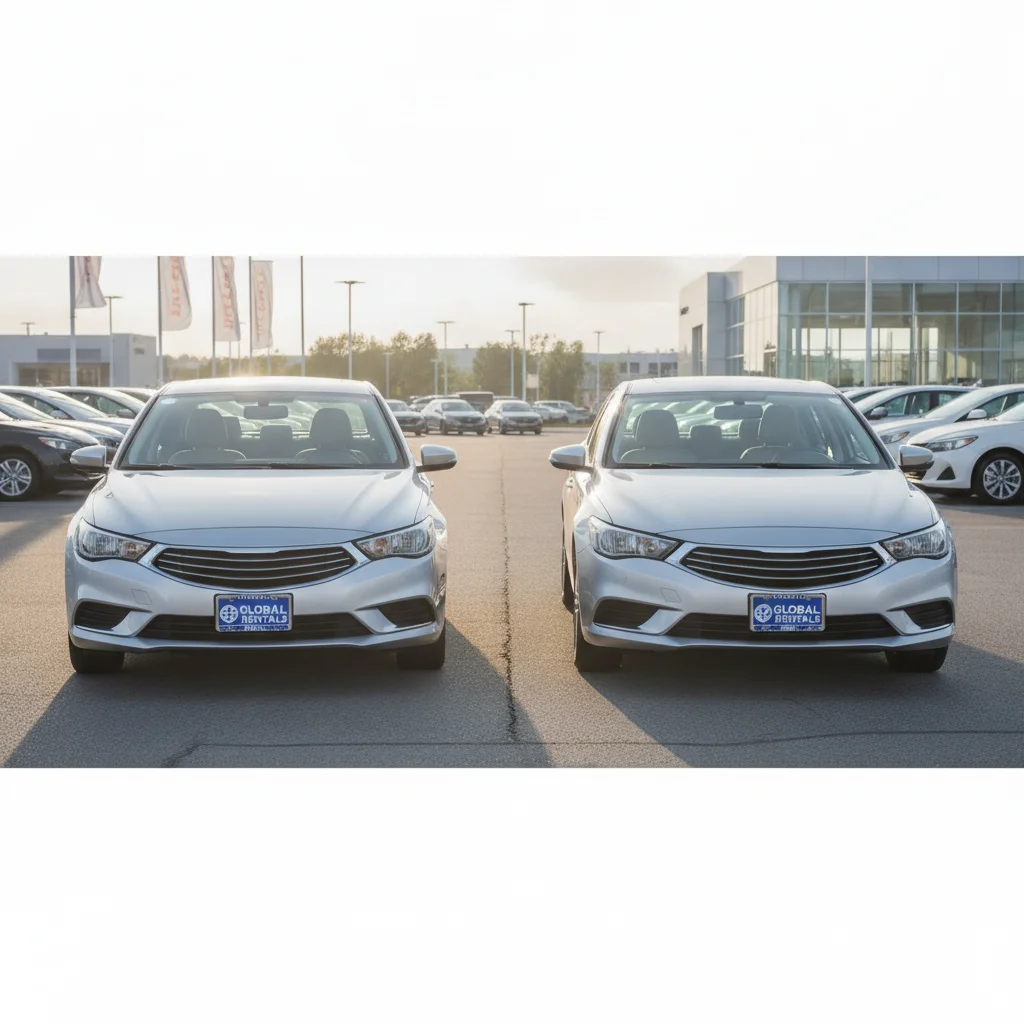 Two similar used sedans parked side by side on a dealer lot, one with a rental company plate frame.