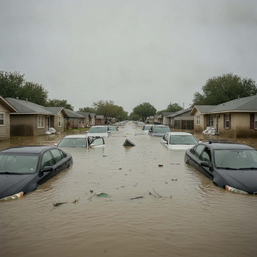 Row of cars partially submerged in floodwater on a residential street after a storm