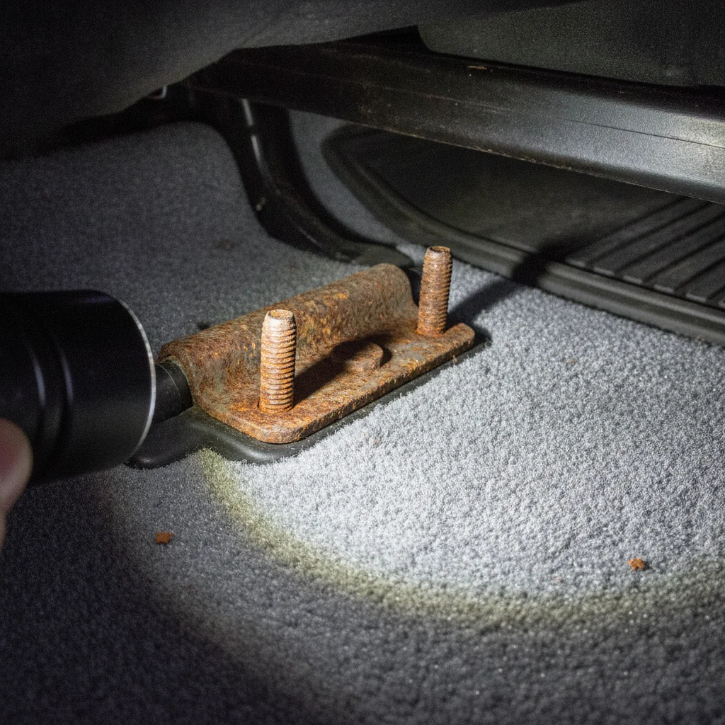 Rusty seat rail bolts on a car floor, illuminated by a flashlight during inspection