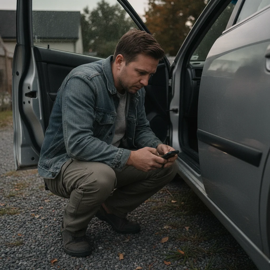 Buyer using a phone flashlight to inspect a car door jamb for signs of water damage or sediment