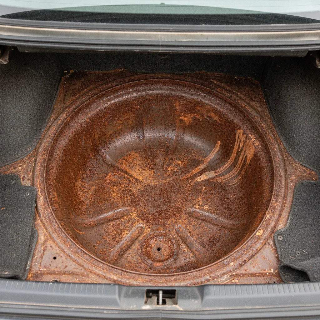 Open car trunk with spare tire removed revealing rust and water staining in the spare tire well