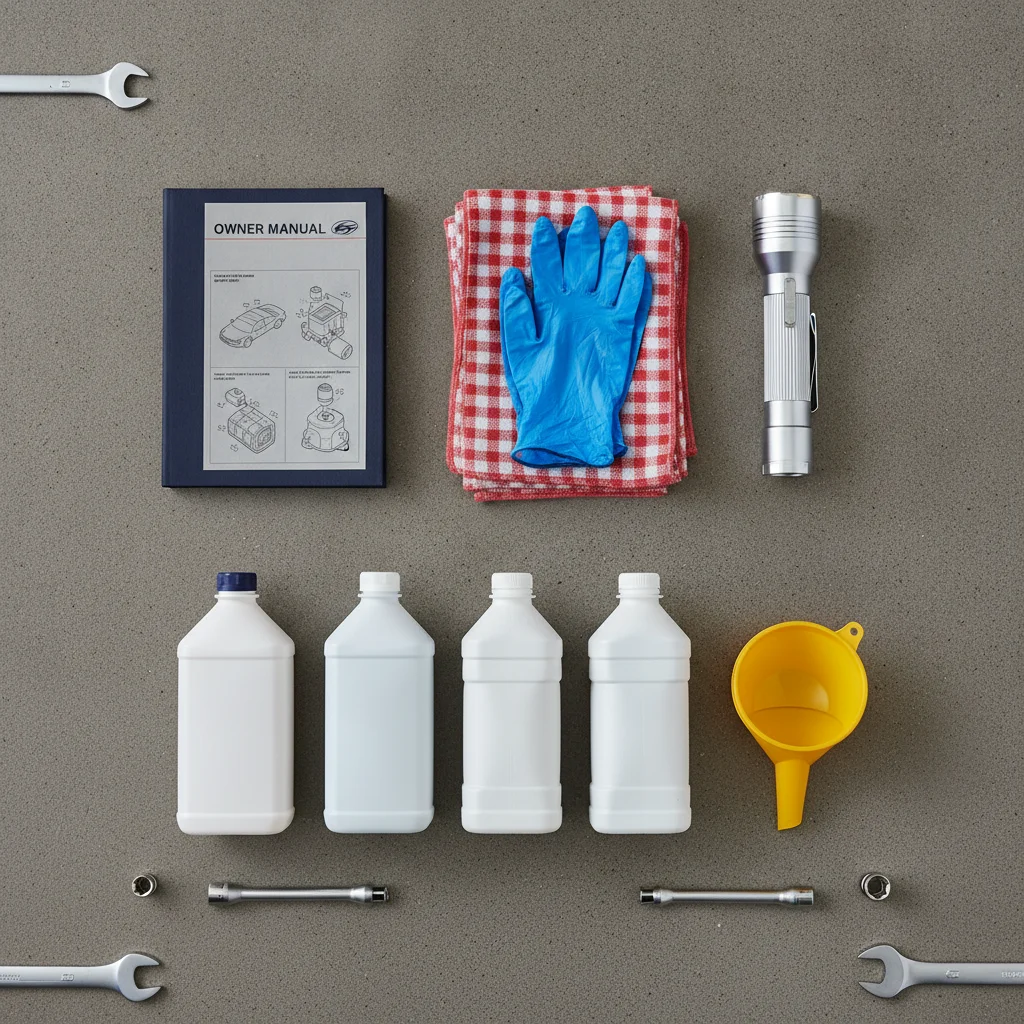 Flat-lay of car maintenance tools including gloves, flashlight, rags, and owner's manual on a garage floor