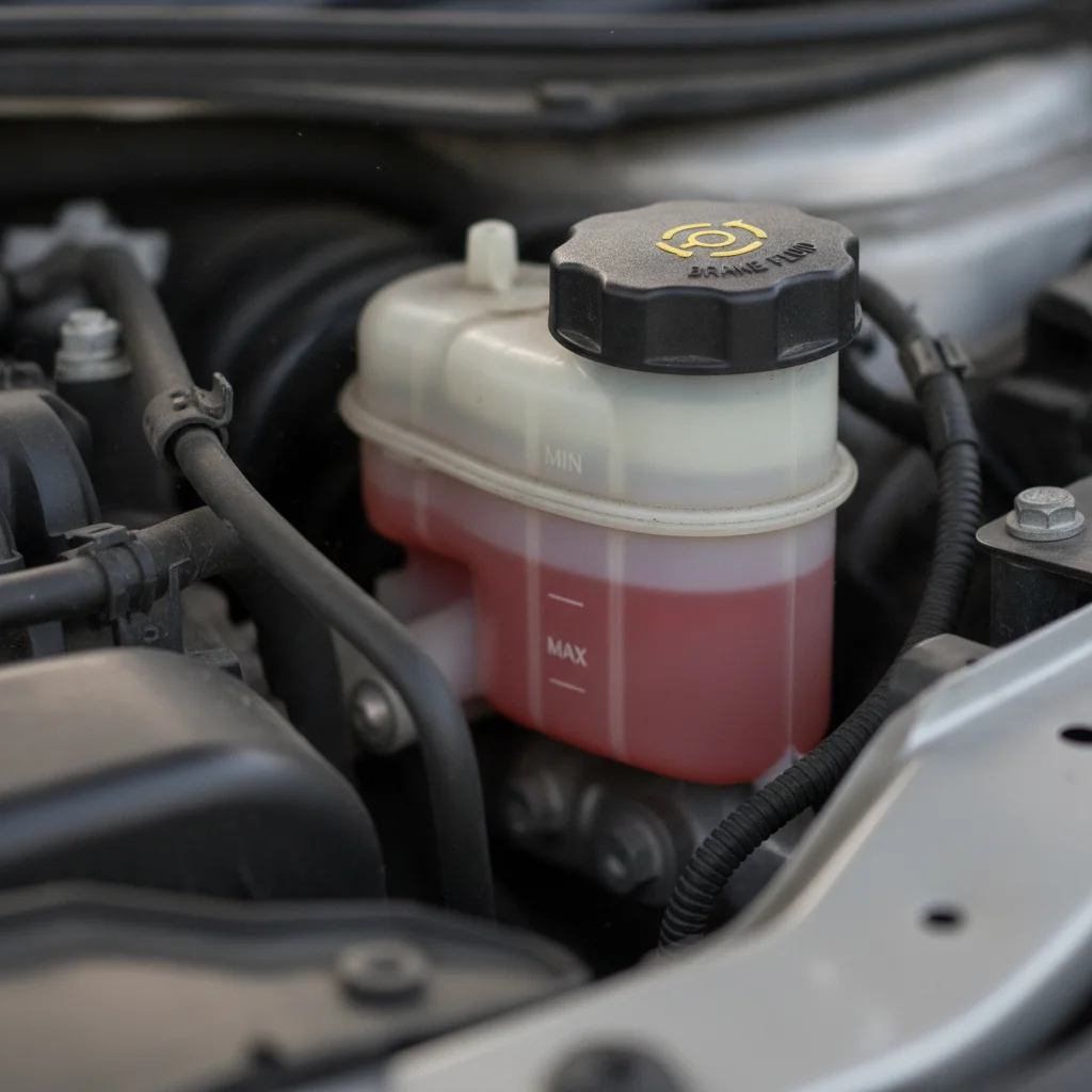 Brake fluid reservoir in a car engine bay showing fluid level between minimum and maximum markers