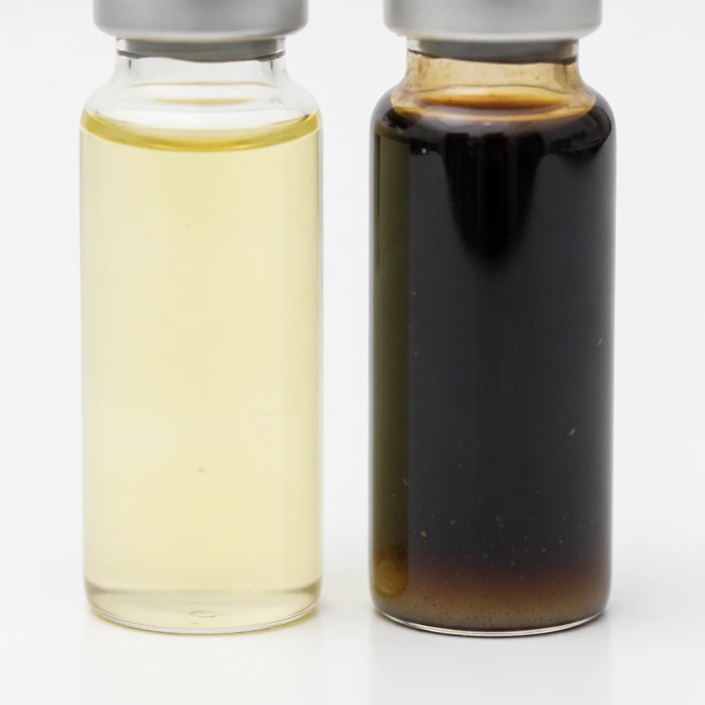 Two vials of brake fluid side by side showing the difference between fresh pale yellow fluid and dark degraded fluid