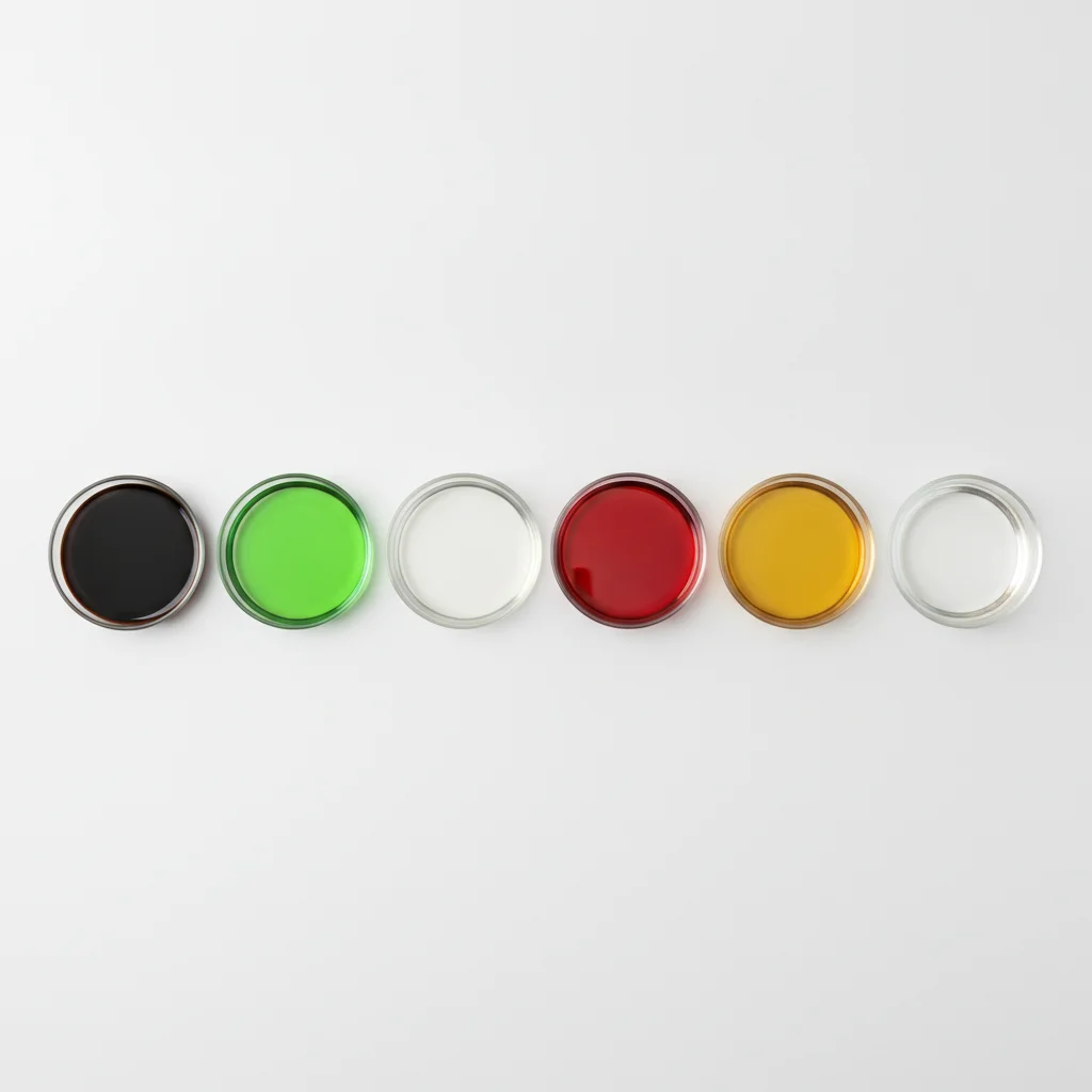 Six automotive fluids displayed in glass dishes showing distinct colors from dark brown to bright green and red